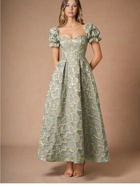 Azazie Sage light blue/green and Gold Lace Maxi Dress